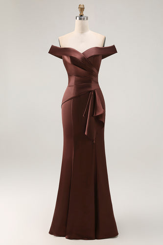 Brown Mermaid Satin Long Mother of the Bride Dress with Ruffles