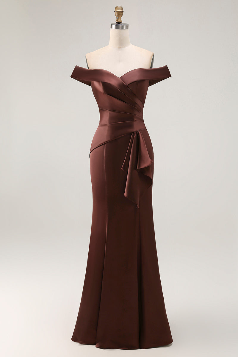 Load image into Gallery viewer, Brown Mermaid Satin Long Mother of the Bride Dress with Ruffles