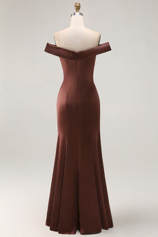 Brown Mermaid Satin Long Mother of the Bride Dress with Ruffles