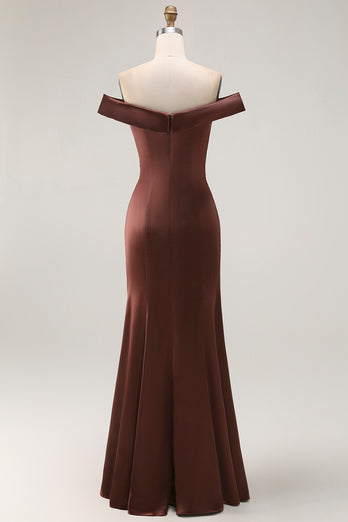 Brown Mermaid Satin Long Mother of the Bride Dress with Ruffles