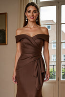 Load image into Gallery viewer, Brown Satin Mermaid Long Mother of the Bride Dress with Ruffles