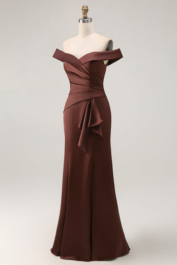 Brown Mermaid Satin Long Mother of the Bride Dress with Ruffles