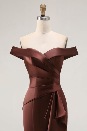 Brown Mermaid Satin Long Mother of the Bride Dress with Ruffles