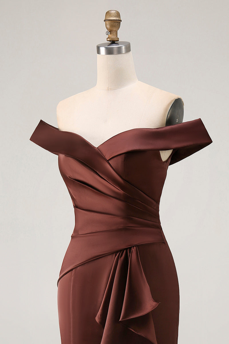 Load image into Gallery viewer, Brown Mermaid Satin Long Mother of the Bride Dress with Ruffles