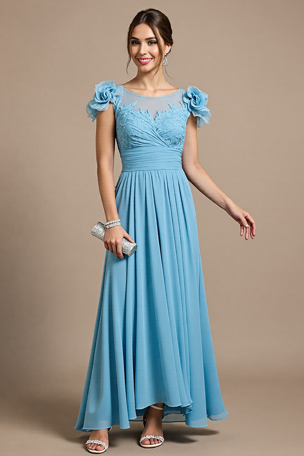 Sky Blue Chiffon Floral Long Mother of the Bride Dress with Appliques