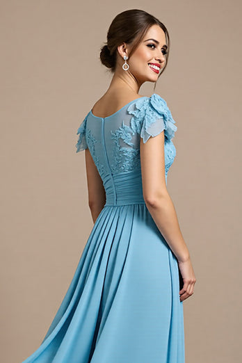 Sky Blue Chiffon Floral Long Mother of the Bride Dress with Appliques