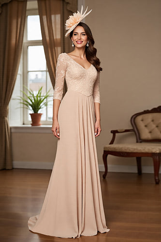 Apricot Satin A Line Long Mother of the Bride Dress with Lace