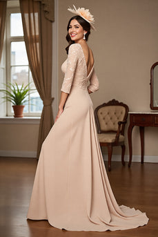 Apricot Satin A Line Long Mother of the Bride Dress with Lace