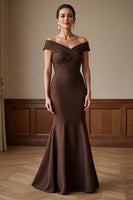 Load image into Gallery viewer, Brown Off the Shoulder Satin Long Mermaid Mother of the Bride Dress
