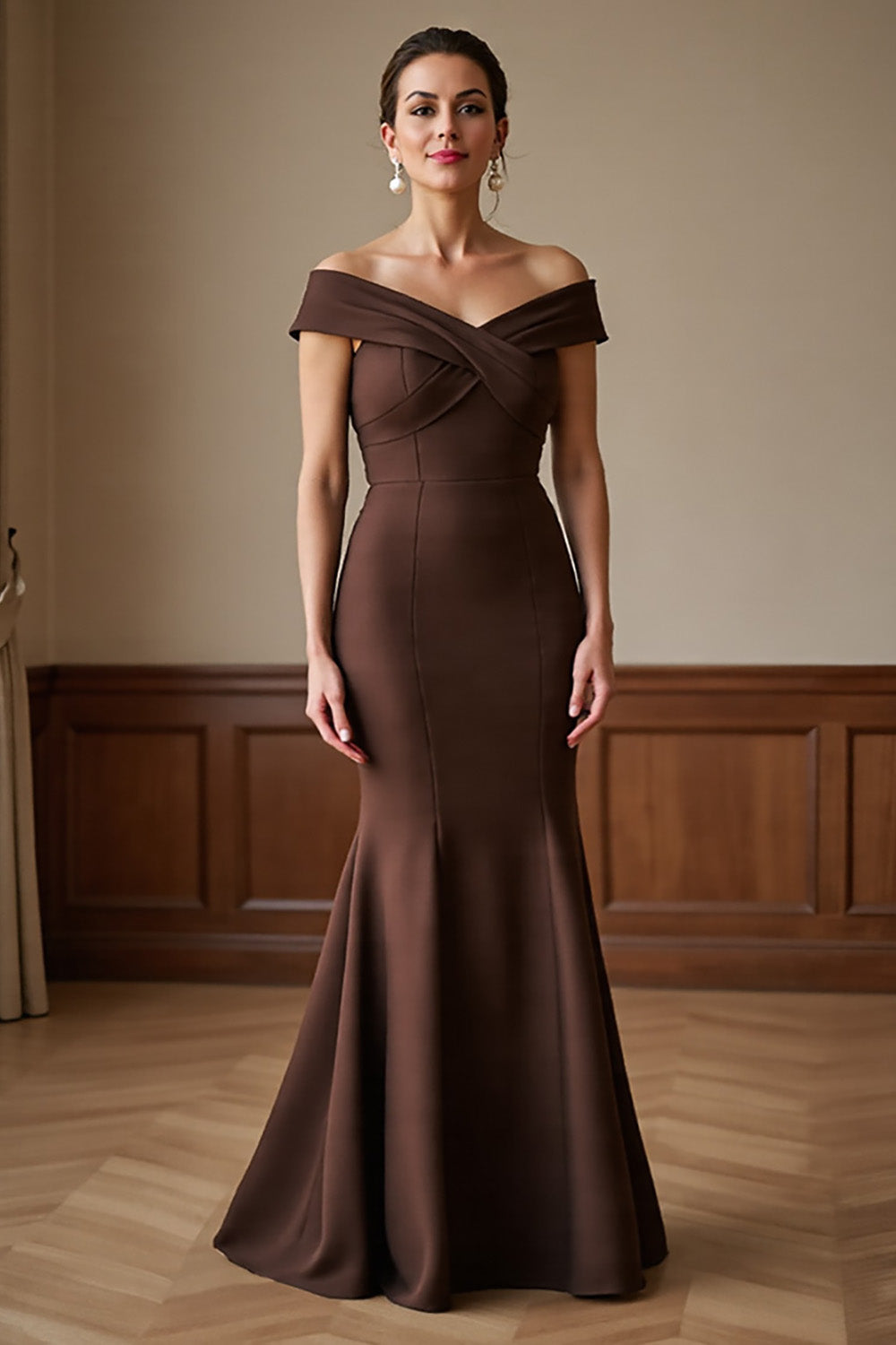 Brown Off the Shoulder Satin Long Mermaid Mother of the Bride Dress