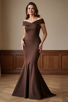 Load image into Gallery viewer, Brown Off the Shoulder Satin Long Mermaid Mother of the Bride Dress
