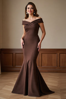 Brown Off the Shoulder Satin Long Mermaid Mother of the Bride Dress