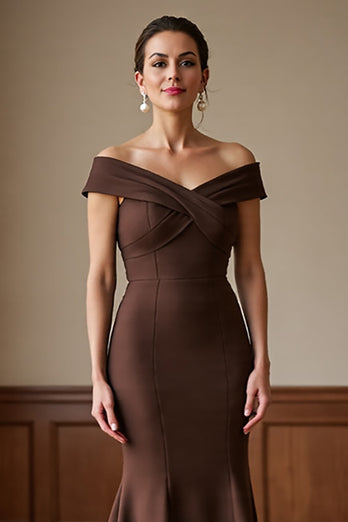 Brown Off the Shoulder Satin Long Mermaid Mother of the Bride Dress