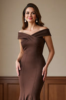 Load image into Gallery viewer, Brown Off the Shoulder Satin Long Mermaid Mother of the Bride Dress