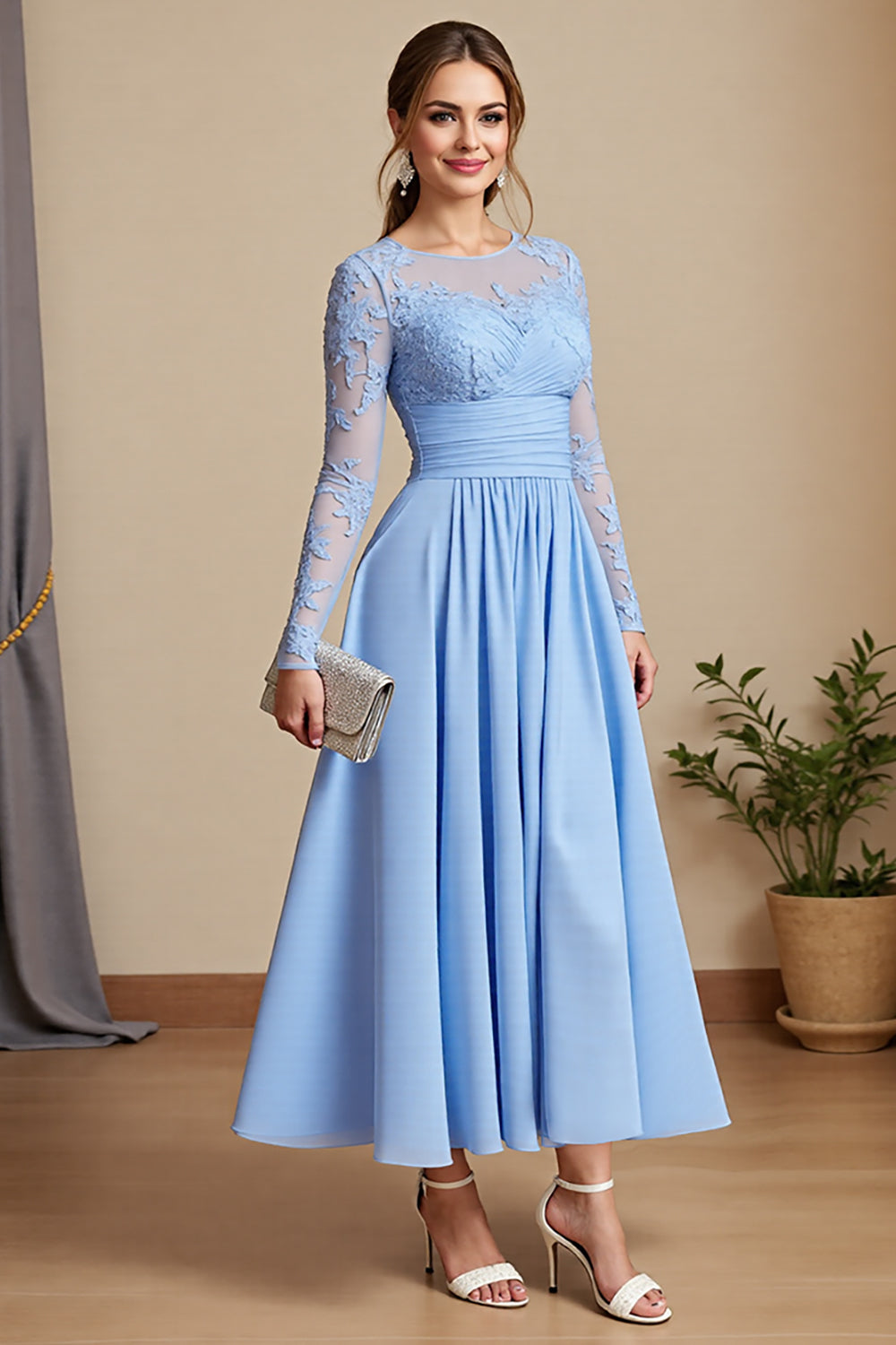 Sky Blue Chiffon A Line Long Mother of the Bride Dress with Lace