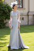 Load image into Gallery viewer, Silver Satin A Line Long Mother of the Bride Dress with Lace