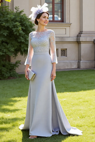 Silver Satin A Line Long Mother of the Bride Dress with Lace