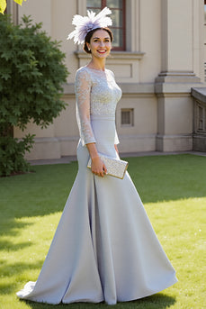 Silver Satin A Line Long Mother of the Bride Dress with Lace