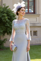 Load image into Gallery viewer, Silver Satin A Line Long Mother of the Bride Dress with Lace