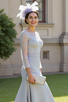 Load image into Gallery viewer, Silver Satin A Line Long Mother of the Bride Dress with Lace