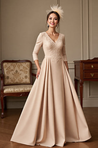 Apricot A Line Satin V-Neck Long Mother of the Bride Dress with Lace