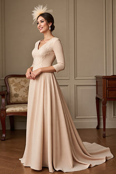 Apricot A Line Satin V-Neck Long Mother of the Bride Dress with Lace