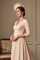 Load image into Gallery viewer, Apricot A Line Satin V-Neck Long Mother of the Bride Dress with Lace