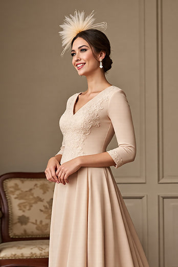 Apricot A Line Satin V-Neck Long Mother of the Bride Dress with Lace