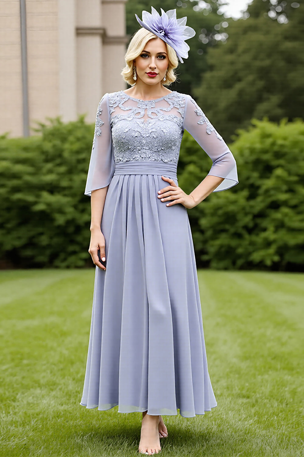Grey Blue A Line Chiffon Long Mother of the Bride Dress with Lace