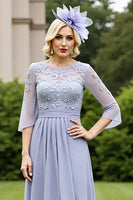 Load image into Gallery viewer, Grey Blue A Line Chiffon Long Mother of the Bride Dress with Lace