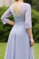 Load image into Gallery viewer, Grey Blue A Line Chiffon Long Mother of the Bride Dress with Lace