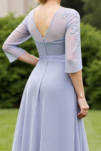 Grey Blue A Line Chiffon Long Mother of the Bride Dress with Lace
