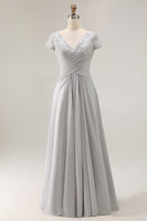 Load image into Gallery viewer, Silver Chiffon A Line Long Mother of the Bride Dress with Appliques
