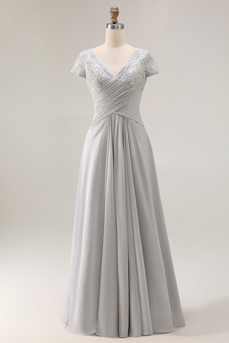 Load image into Gallery viewer, Silver Chiffon A Line Long Mother of the Bride Dress with Appliques