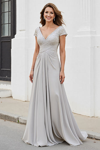 Silver Chiffon A Line Long Mother of the Bride Dress with Appliques