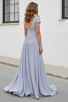 Silver Chiffon A Line Long Mother of the Bride Dress with Appliques