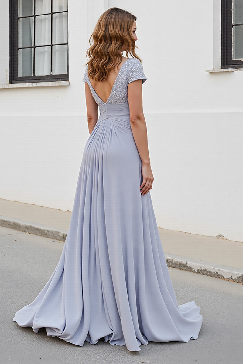 Load image into Gallery viewer, Silver Chiffon A Line Long Mother of the Bride Dress with Appliques