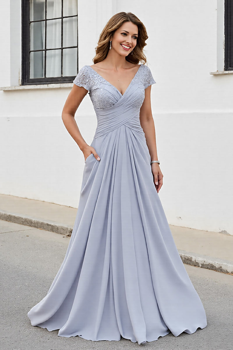 Load image into Gallery viewer, Silver Chiffon A Line Long Mother of the Bride Dress with Appliques
