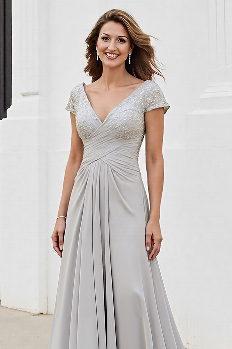 Load image into Gallery viewer, Silver Chiffon A Line Long Mother of the Bride Dress with Appliques