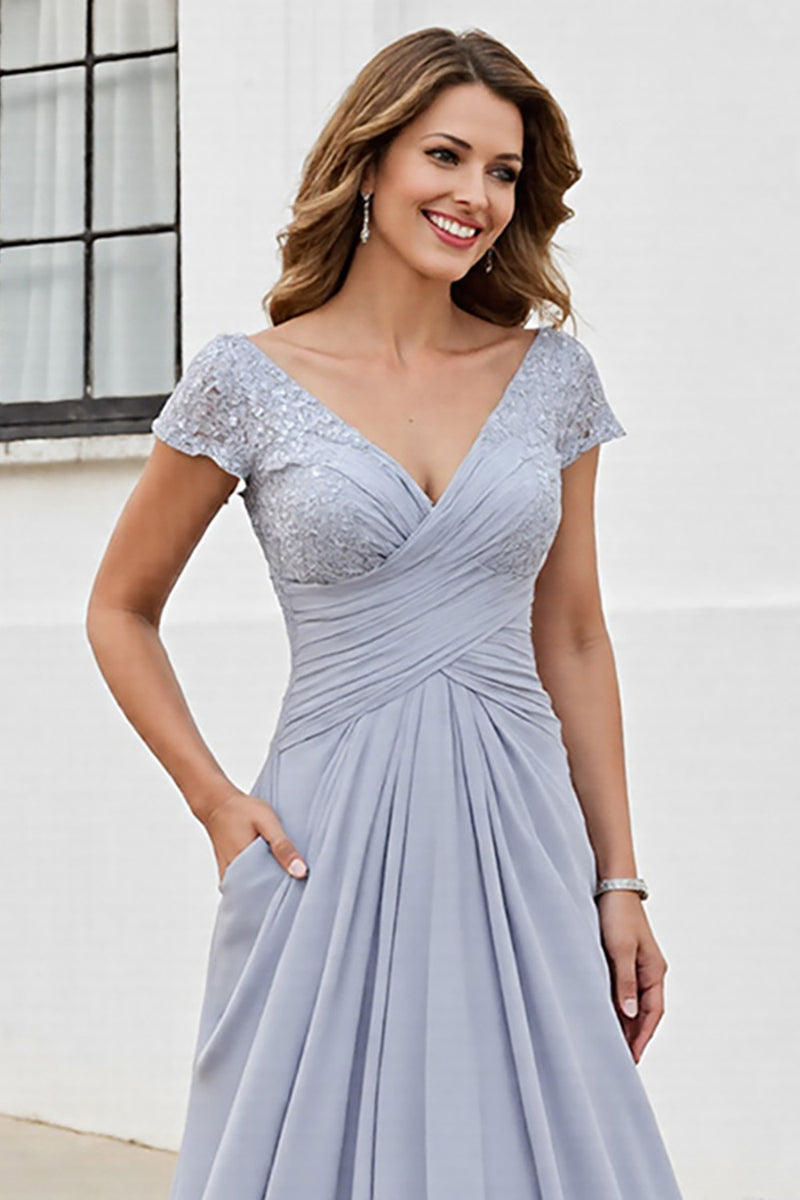 Load image into Gallery viewer, Silver Chiffon A Line Long Mother of the Bride Dress with Appliques