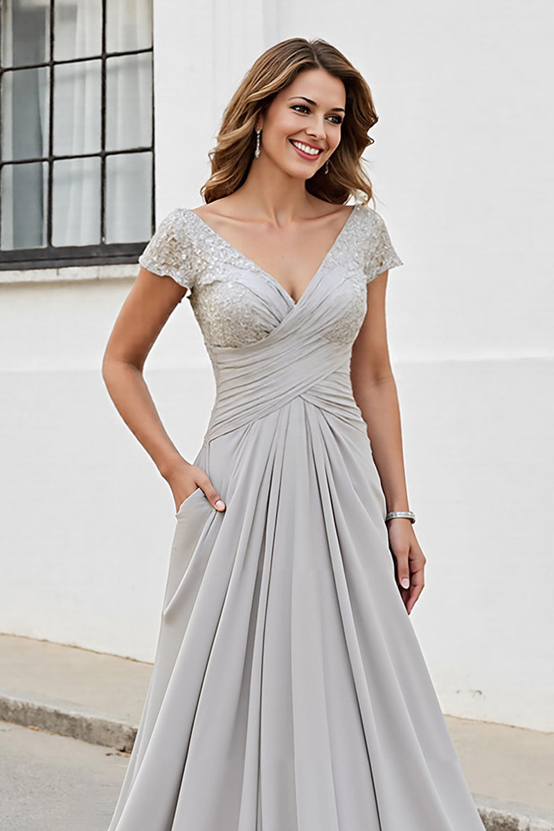 Load image into Gallery viewer, Silver Chiffon A Line Long Mother of the Bride Dress with Appliques