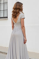 Load image into Gallery viewer, Silver Chiffon A Line Long Mother of the Bride Dress with Appliques