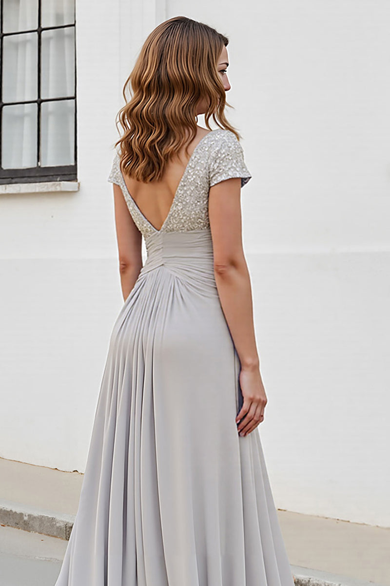 Load image into Gallery viewer, Silver Chiffon A Line Long Mother of the Bride Dress with Appliques