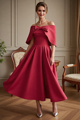 Red Satin A Line Long Mother of the Bride Dress with Bow