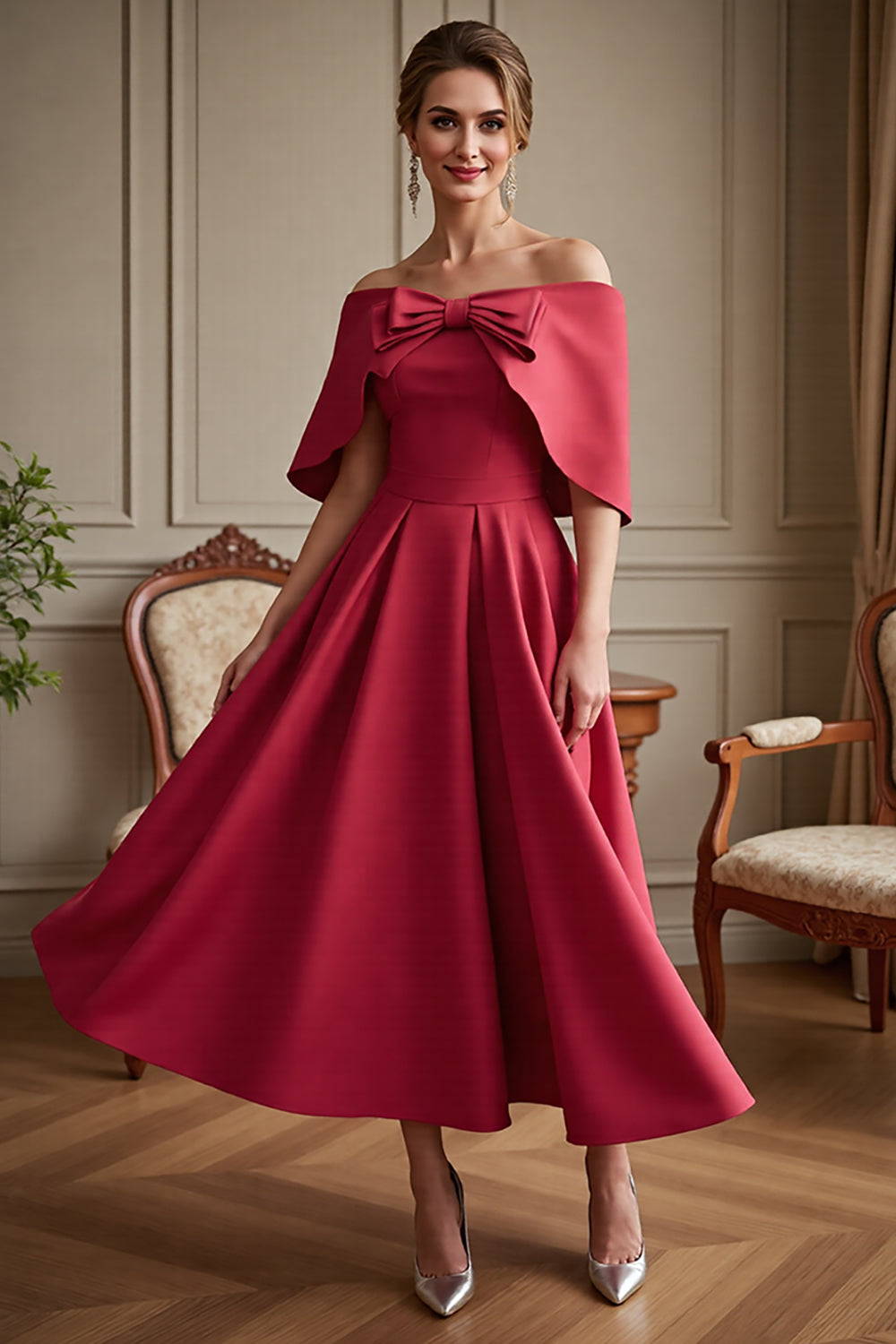 Red Satin A Line Long Mother of the Bride Dress with Bow