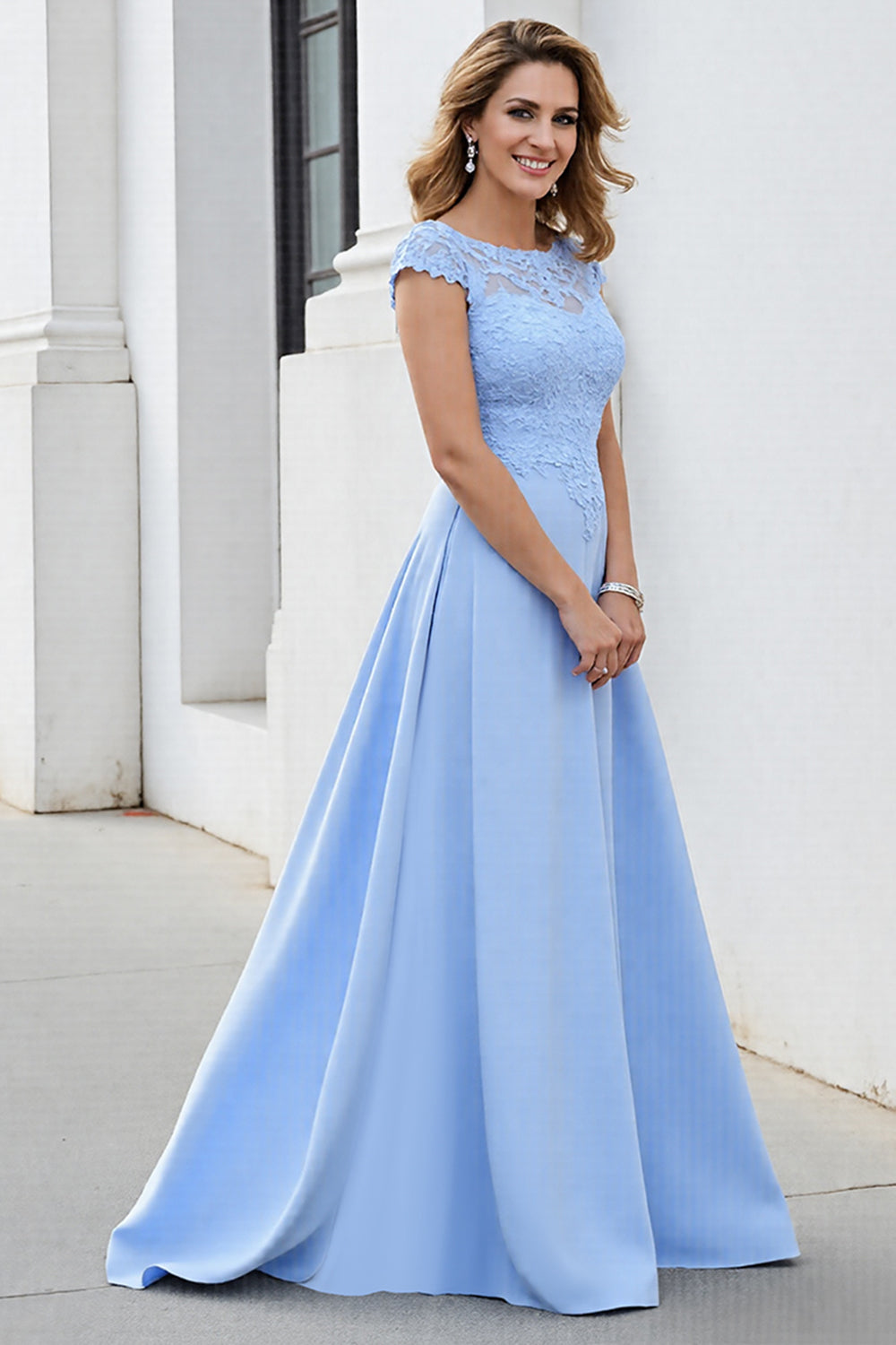 Sky Blue Satin Long Mother of the Bride Dress with Lace