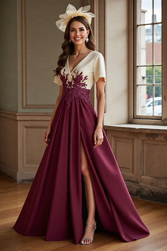 Burgundy A Line Satin Long Mother of the Bride Dress with Slit
