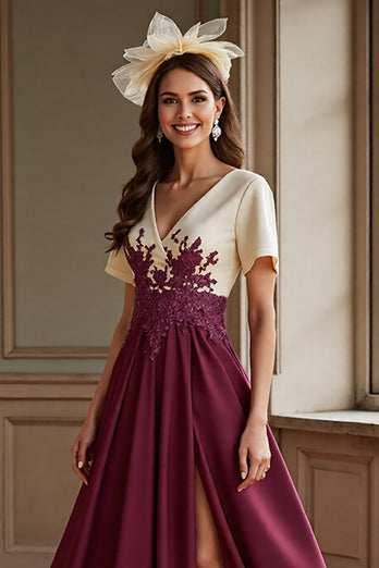 Burgundy A Line Satin Long Mother of the Bride Dress with Slit