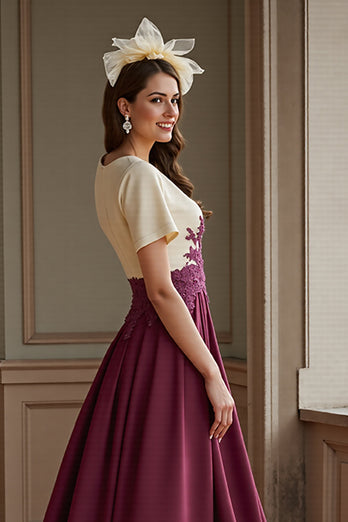 Burgundy A Line Satin Long Mother of the Bride Dress with Slit