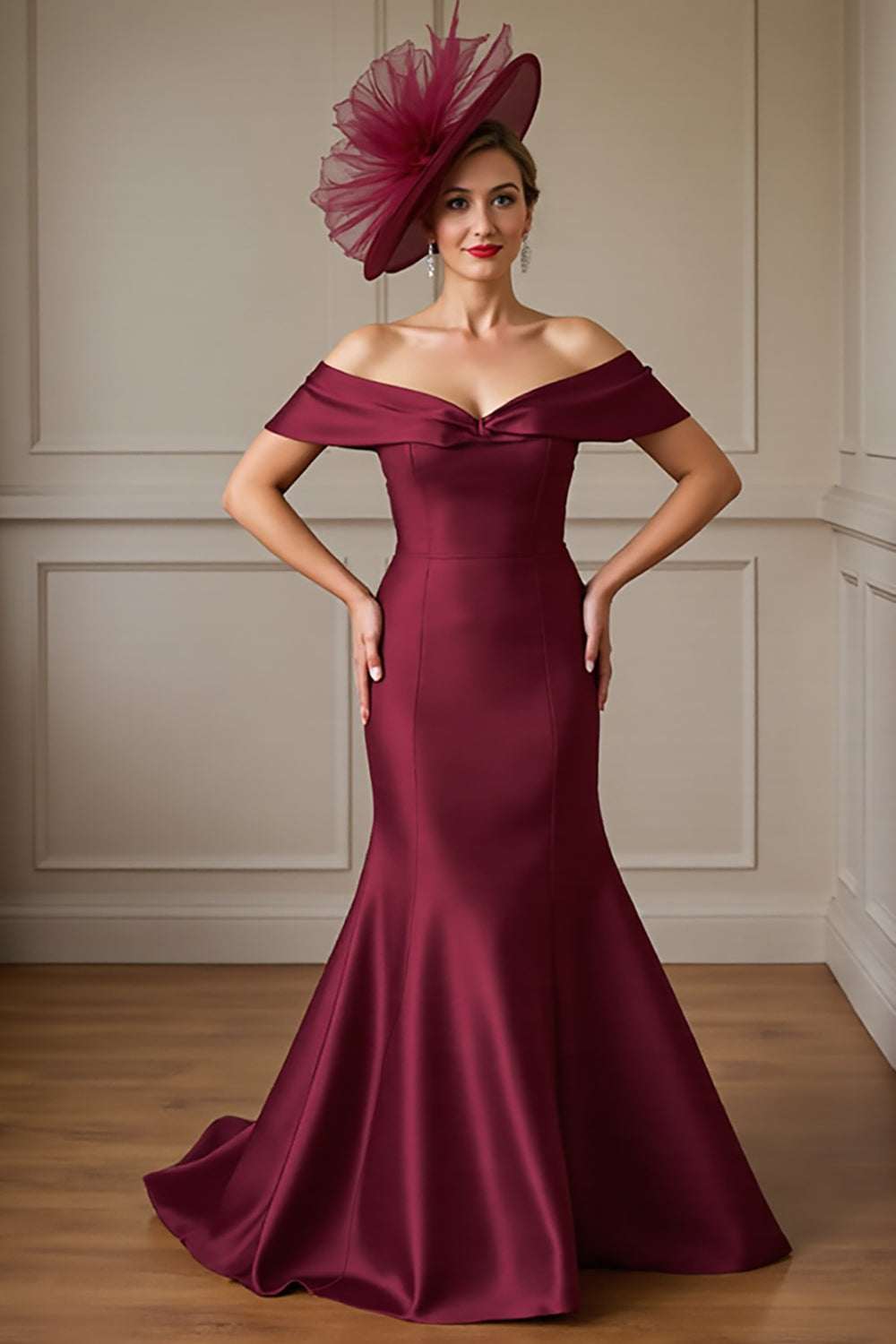 Burgundy Mermaid Off the Shoulder Satin Long Mother of the Bride Dress